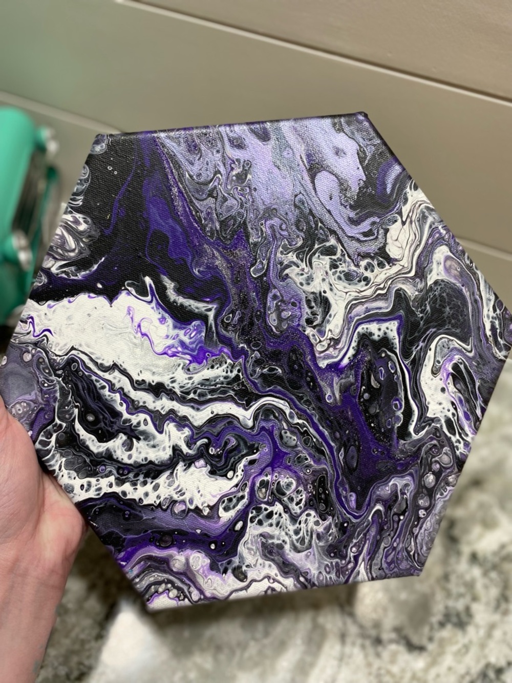 Abstract Hexagonal Canvas Art in Purple and Black w/ Glitter